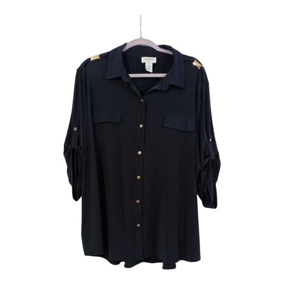 CARMEN Marc Valvo Womens Blouse Plus Size 3X Navy Blue Button Up Bling Stretch - Picture 1 of 16